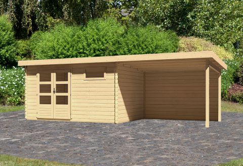 Berging / tuinhuis SET met lessenaarsdak incl. aanbouw dak & achterwand, kleur: onbehandeld, grondoppervlakte: 10,36 m²