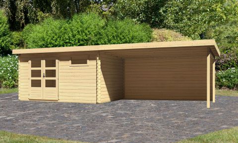 Berging / tuinhuis SET met lessenaarsdak incl. aanbouw dak, zijwand & achterwand, kleur: onbehandeld hout, grondoppervlakte: 10.36 m²