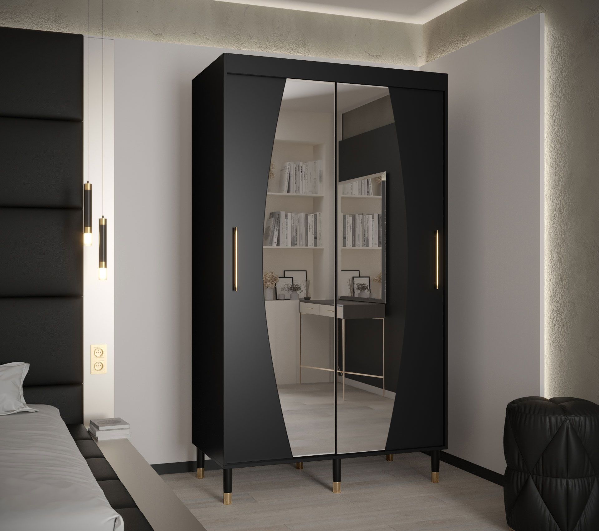 Schuifdeurkast met stijlvolle spiegel Jotunheimen 172, kleur: zwart - Afmetingen: 208 x 120,5 x 62 cm (H x B x D)