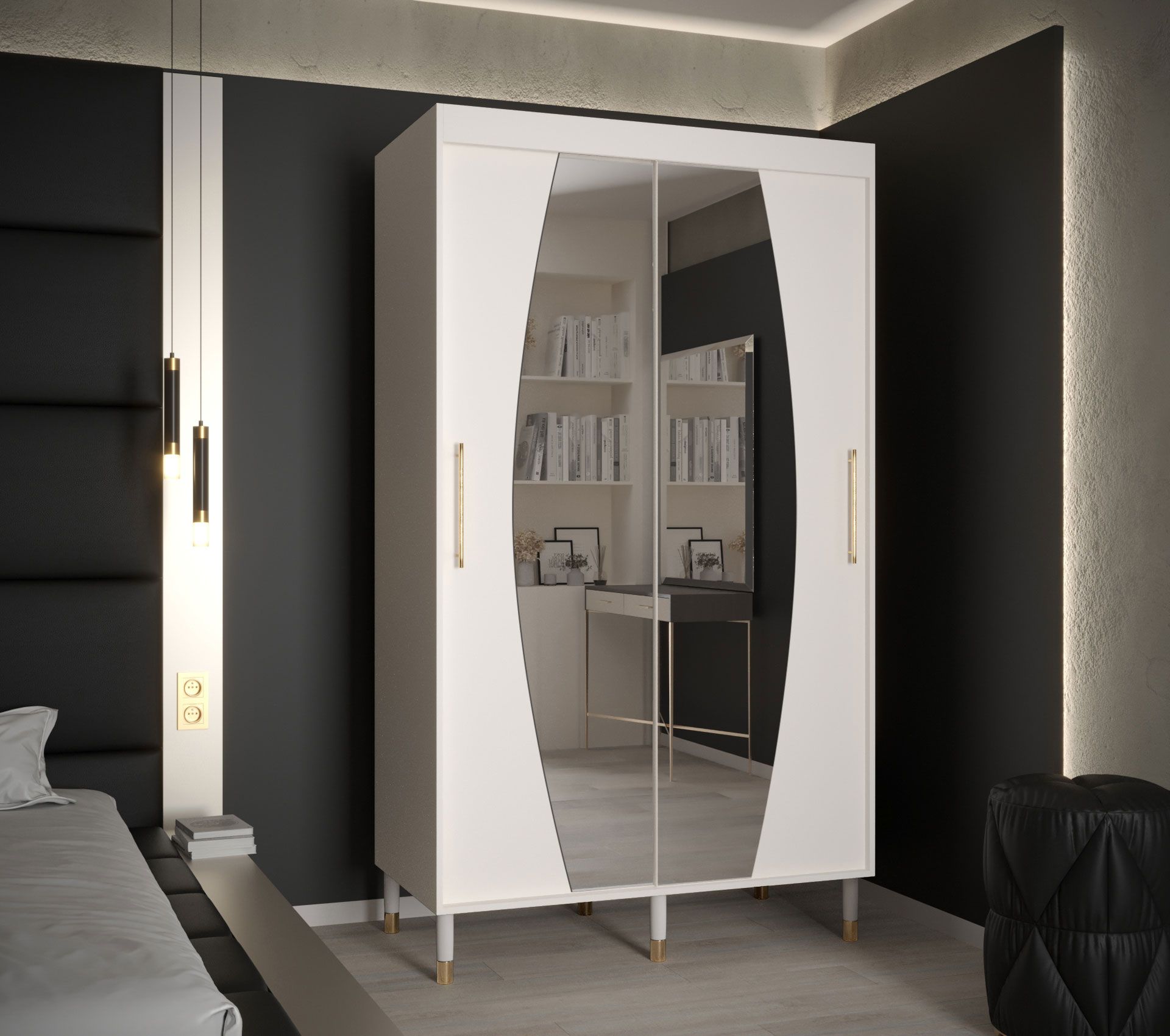 Stijlvolle kledingkast met spiegel Jotunheimen 171, kleur: wit - Afmetingen: 208 x 120,5 x 62 cm (H x B x D)