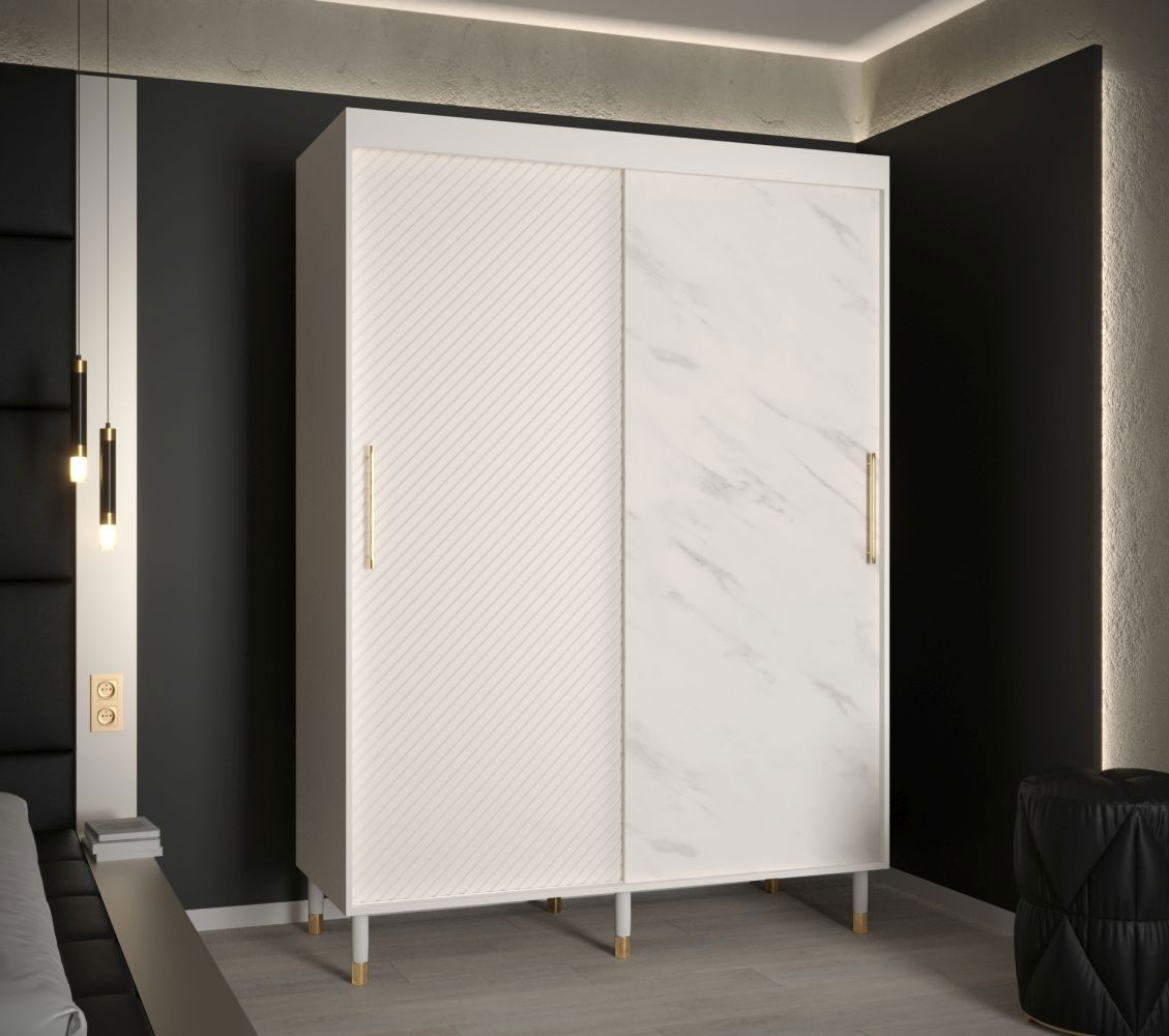 Eenvoudige kledingkast met marmeren look Jotunheimen 29, kleur: wit - Afmetingen: 208 x 150,5 x 62 cm (H x B x D), met twee kledingrails