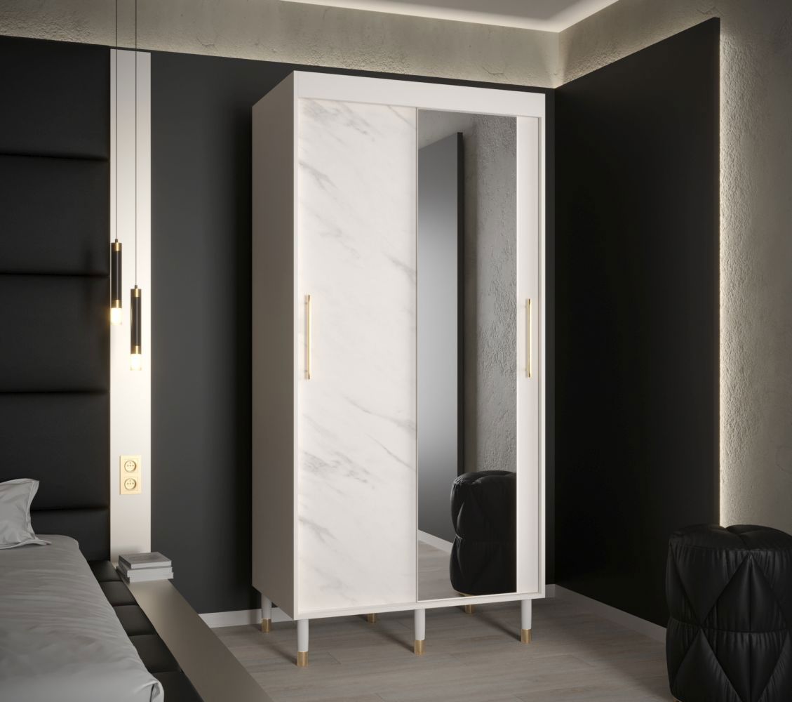 Slanke kledingkast met spiegeldeur Jotunheimen 49, kleur: wit - Afmetingen: 208 x 100,5 x 62 cm (H x B x D), met twee kledingstangen
