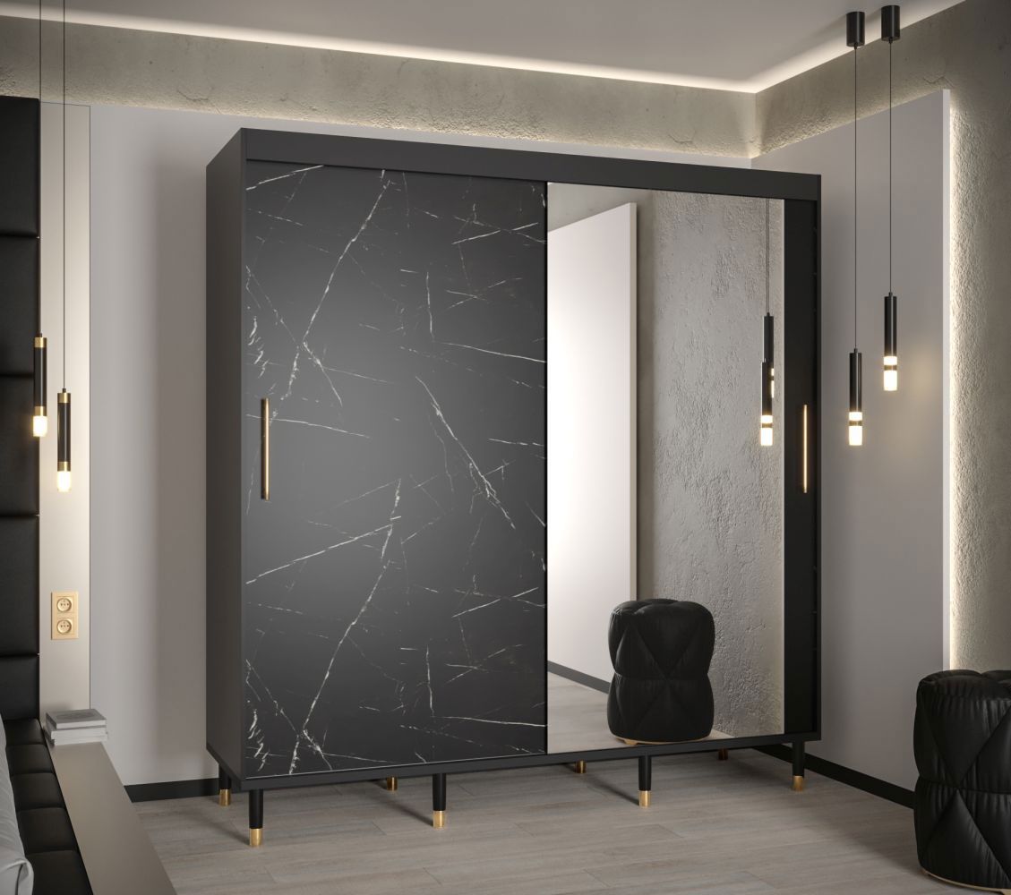 Moderne schuifdeurkast met één spiegeldeur Jotunheimen 58, kleur: Zwart - Afmetingen: 208 x 180,5 x 62 cm (H x B x D)