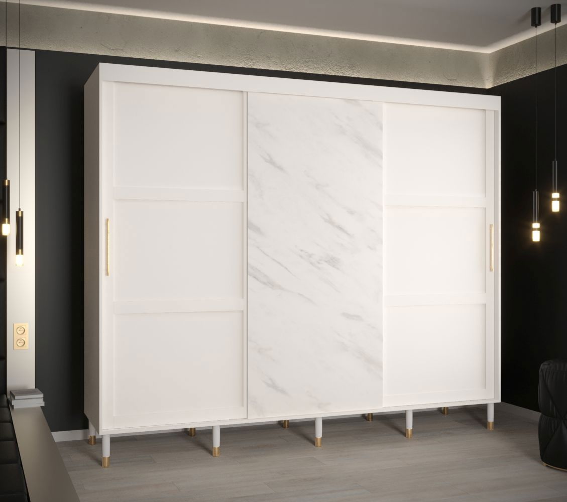 Eenvoudige kledingkast met marmeren look Jotunheimen 95, kleur: Wit - Afmetingen: 208 x 250,5 x 62 cm (H x B x D)