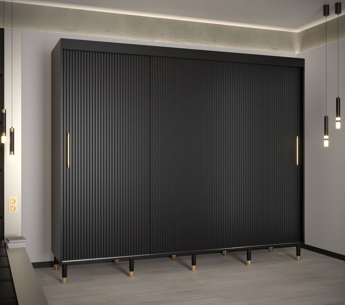 Uitzonderlijke schuifdeurkast met drie deuren Jotunheimen 108, kleur: Zwart - Afmetingen: 208 x 250,5 x 62 cm (H x B x D)