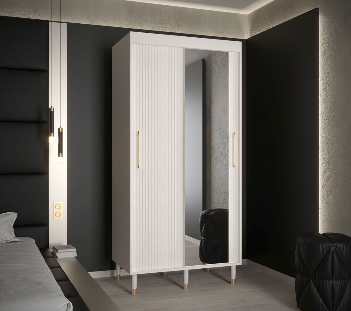 Slanke kledingkast met één spiegeldeur Jotunheimen 109, kleur: Wit - Afmetingen: 208 x 100,5 x 62 cm (H x B x D)