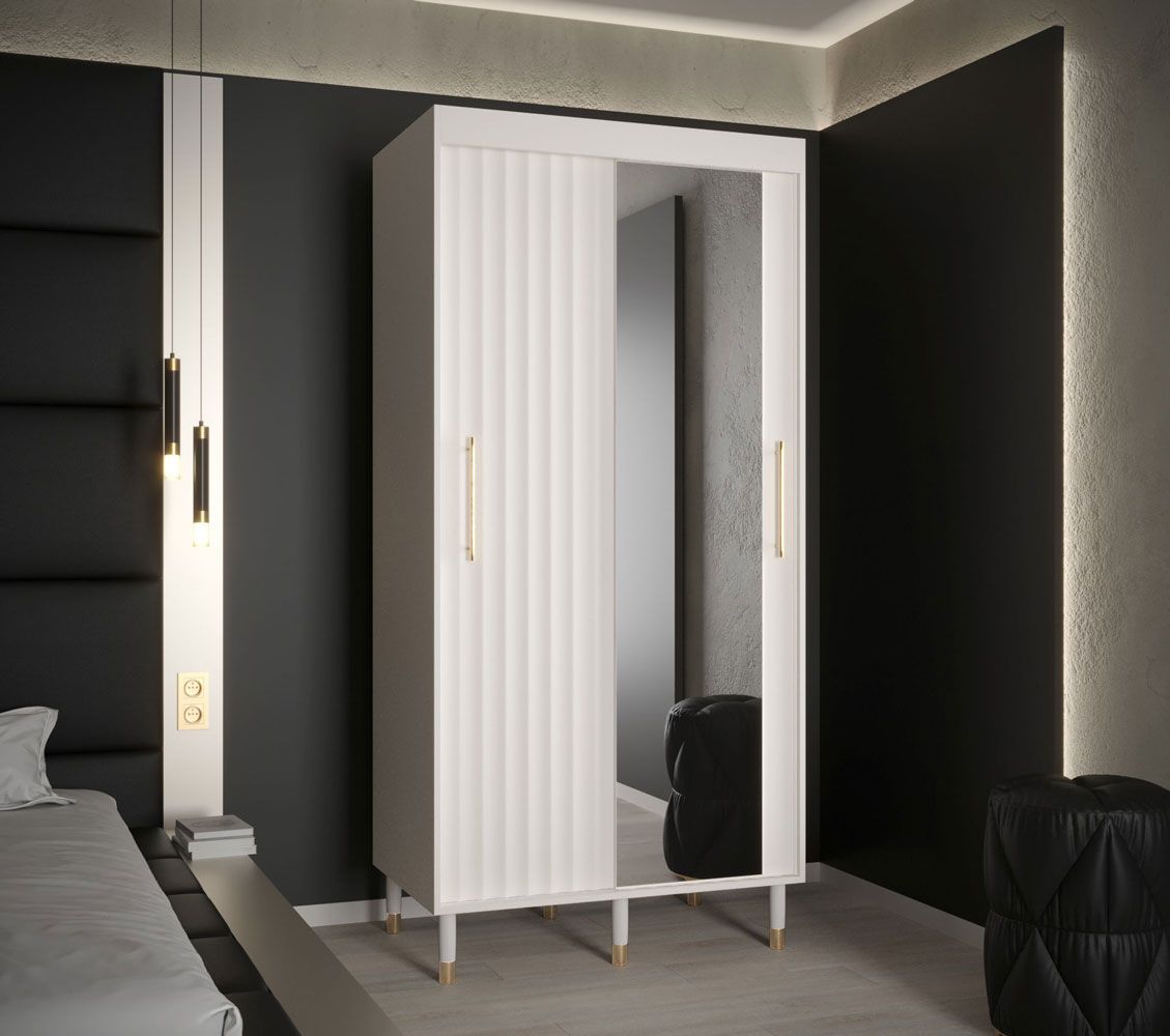 Slanke kledingkast met één spiegeldeur Jotunheimen 145, kleur: Wit - Afmetingen: 208 x 100,5 x 62 cm (H x B x D)