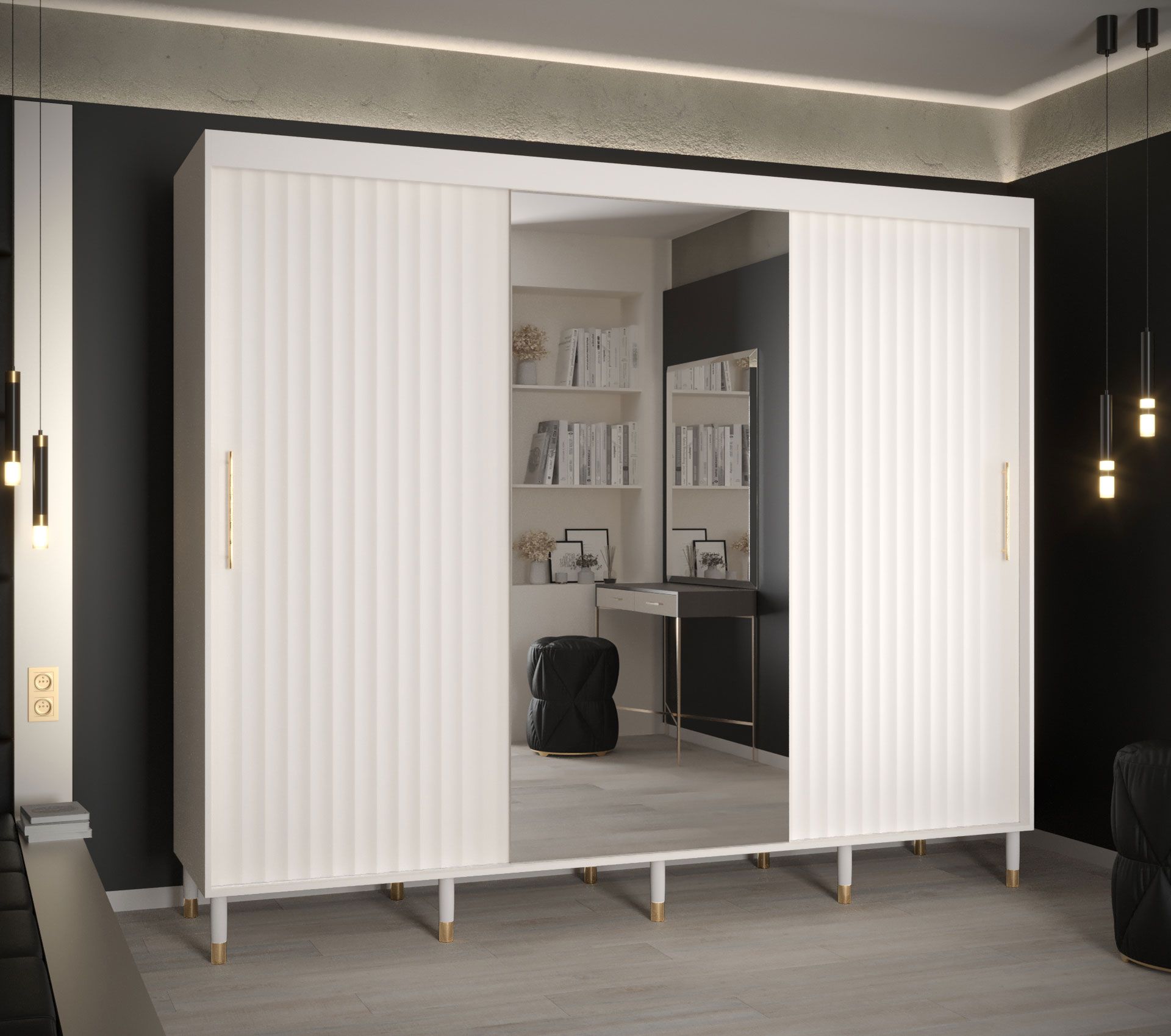 Moderne kledingkast met één spiegeldeur Jotunheimen 155, kleur: Wit - Afmetingen: 208 x 250,5 x 62 cm (H x B x D)