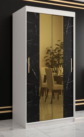 Kledingkast met elegant design Hochfeiler 25, kleur: wit / zwart marmer - afmetingen: 200 x 100 x 62 cm (H x B x D), met vijf vakken en twee spiegels