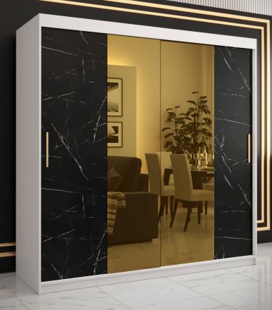 Kledingkast met voldoende opbergruimte Hochfeiler 41, kleur: Wit / zwart marmer - afmetingen: 200 x 200 x 62 cm (H x B x D), met 10 vakken en twee spiegels