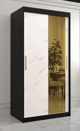 moderne kledingkast met verfrissend design Hochfeiler 50, kleur: zwart / wit marmer - afmetingen: 200 x 100 x 62 cm (H x B x D), met vijf vakken en een spiegel