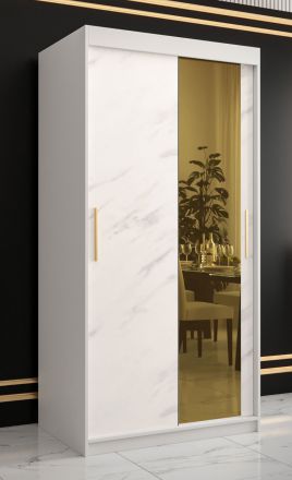 Kledingkast in modern design Hochfeiler 51, kleur: wit / wit marmer - afmetingen: 200 x 100 x 62 cm (H x B x D), met vijf vakken en een spiegel
