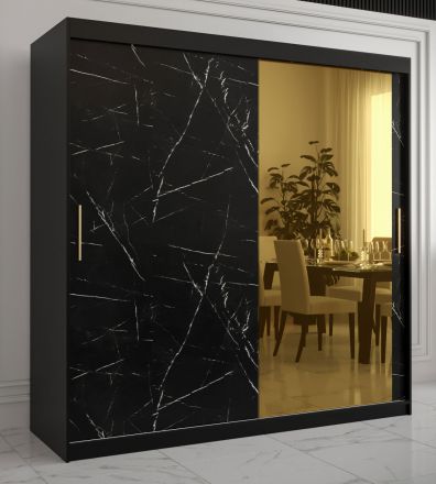 Kledingkast in moderne stijl Hochfeiler 68, kleur:zwart / zwart marmer - afmetingen: 200 x 200 x 62 cm (H x B x D), met 10 vakken en een spiegel