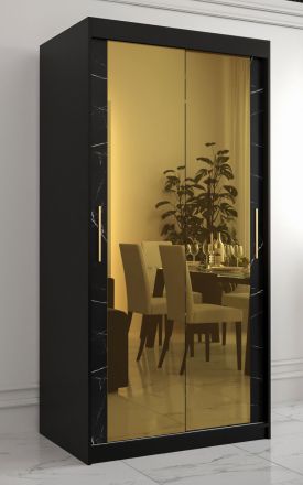 Kledingkast met twee spiegeldeuren Hochfeiler 76, kleur:zwart / zwart marmer - afmetingen: 200 x 100 x 62 cm (H x B x D), met vijf vakken