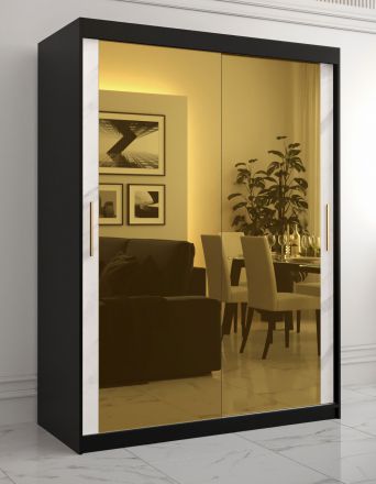 moderne kledingkast met twee spiegeldeuren Hochfeiler 82, kleur: zwart / wit marmer - afmetingen: 200 x 150 x 62 cm (H x B x D), met twee kledingstangen