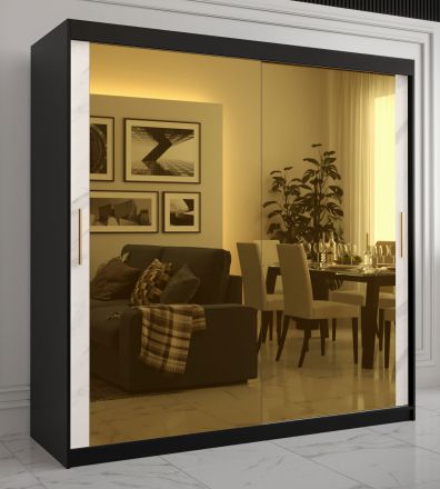bijzondere kledingkast met twee spiegeldeuren Hochfeiler 90, kleur: zwart / wit marmer - afmetingen: 200 x 200 x 62 cm (H x B x D), met 10 vakken en twee kledingstangen