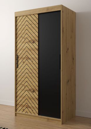 Eenvoudige kledingkast met modern design Mulhacen 01, kleur: Artisan eiken / mat zwart - afmetingen: 200 x 100 x 62 cm (H x B x D), met vijf vakken en twee kledingstangen