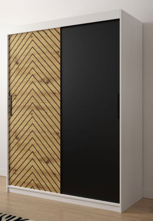 Kledingkast in moderne stijl Mulhacen 15, kleur: mat wit / Artisan Eiken / mat zwart - afmetingen: 200 x 150 x 62 cm (H x B x D), met vijf vakken en twee kledingstangen.