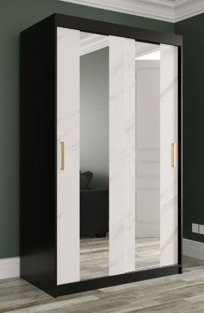 elegante kledingkast met twee spiegels Etna 06, kleur: mat zwart / wit marmer - afmetingen: 200 x 120 x 62 cm (H x B x D), met marmeroptiek