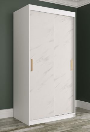 smalle / kolom kledingkast met marmer look Etna 28, kleur: mat wit / wit marmer - afmetingen: 200 x 100 x 62 cm (H x B x D), met vijf vakken