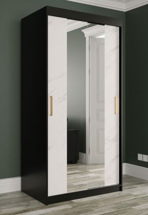 smalle / kolom kledingkast met spiegel Etna 50, kleur: mat zwart / wit marmer - afmetingen: 200 x 100 x 62 cm (H x B x D), met voldoende opbergruimte