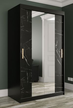 Kledingkast met modern design Etna 53, kleur: mat zwart / zwart marmer - afmetingen: 200 x 120 x 62 cm (H x B x D), met spiegel