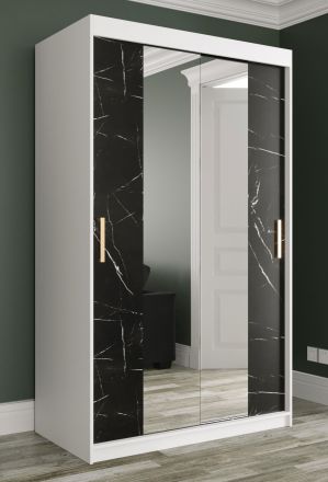 elegante kledingkast met spiegel Etna 55, kleur: mat wit / zwart marmer - afmetingen: 200 x 120 x 62 cm (H x B x D), met voldoende opbergruimte