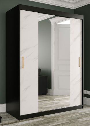 Kledingkast met grote spiegel Etna 58, kleur: mat zwart / wit marmer - afmetingen: 200 x 150 x 62 cm (H x B x D), met twee kledingstangen