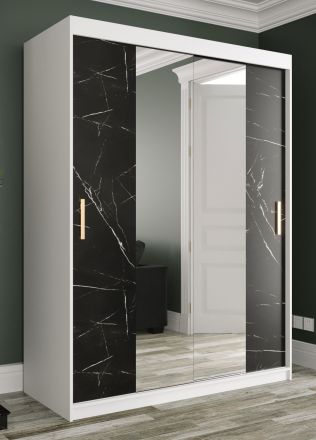 Kledingkast met grote spiegel Etna 59, kleur: mat wit / zwart marmer - afmetingen: 200 x 150 x 62 cm (H x B x D), met vijf vakken