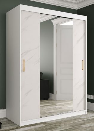 elegante kledingkast Etna 60, kleur: mat wit / wit marmer - afmetingen: 200 x 150 x 62 cm (H x B x D), met spiegel