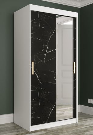 Kledingkast met deur met spiegel Etna 75, kleur: mat wit / zwart marmer - afmetingen: 200 x 100 x 62 cm (H x B x D), met vijf vakken