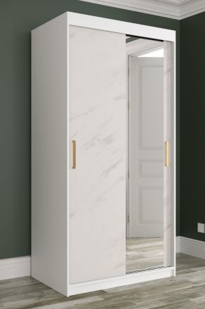 elegante kledingkast met deur met spiegel Etna 76, kleur: mat wit / wit marmer - afmetingen: 200 x 100 x 62 cm (H x B x D), met voldoende opbergruimte