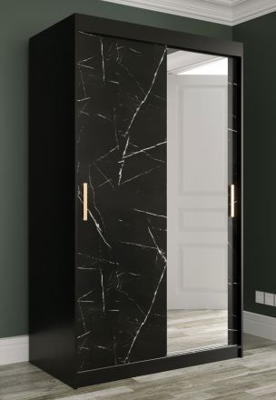 elegante kledingkast met deur met spiegel Etna 77, kleur: mat zwart / zwart marmer - afmetingen: 200 x 120 x 62 cm (H x B x D), met vijf vakken
