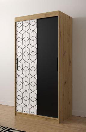 moderne kledingkast met stijlvol Dom 02 design, kleur: Artisan eiken / mat wit / mat zwart - afmetingen: 200 x 100 x 62 cm (H x B x D), met vijf vakken en twee kledingstangen
