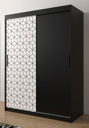 eenvoudige kledingkast front met patroon Dom 18, kleur: mat zwart / mat wit - afmetingen: 200 x 150 x 62 cm (H x B x D), met vijf vakken en twee kledingstangen