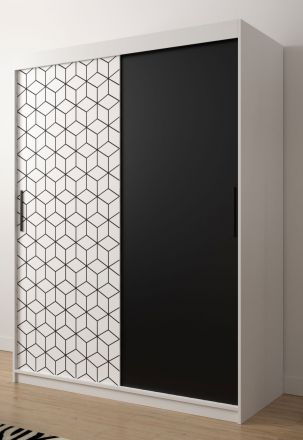 Eenvoudige kledingkast met modern patroon Dom 16, kleur: mat wit / mat zwart - afmetingen: 200 x 150 x 62 cm (H x B x D), met vijf vakken