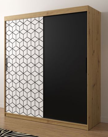elegante kledingkast met modern patroon Dom 20, kleur: eiken Artisan / mat wit / mat zwart - afmetingen: 200 x 180 x 62 cm (H x B x D), met voldoende opbergruimte