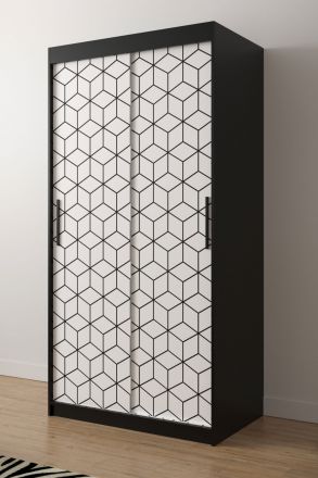 elegante kledingkast front met patroon Dom 42, kleur: mat zwart / mat wit - afmetingen: 200 x 100 x 62 cm (H x B x D), met twee kledingstangen
