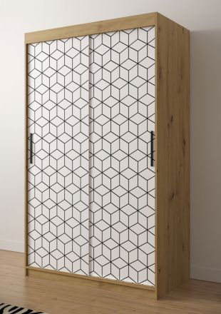eenvoudige kledingkast front met patroon Dom 44, kleur: eiken Artisan / mat wit - afmetingen: 200 x 120 x 62 cm (H x B x D), met vijf vakken en twee kledingstangen