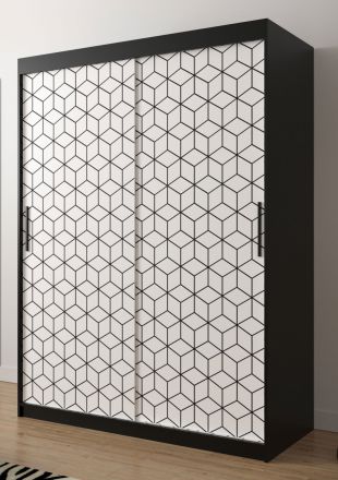 eenvoudige kledingkast met stijlvol patroon Dom 54, kleur: mat zwart / mat wit - afmetingen: 200 x 150 x 62 cm (H x B x D), met vijf vakken en twee kledingstangen