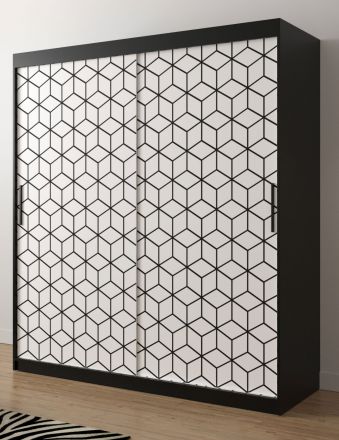 eenvoudige kledingkast met patroon Dom 60, kleur: mat zwart / mat wit - afmetingen: 200 x 180 x 62 cm (H x B x D), met 10 vakken en twee kledingstangen