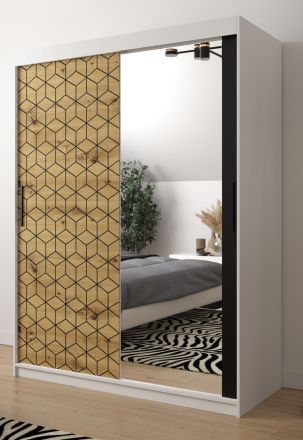 Kledingkast met deur met spiegel Dom 87, kleur: mat wit / eiken Artisan / mat zwart - afmetingen: 200 x 150 x 62 cm (H x B x D), met stijlvol patroon