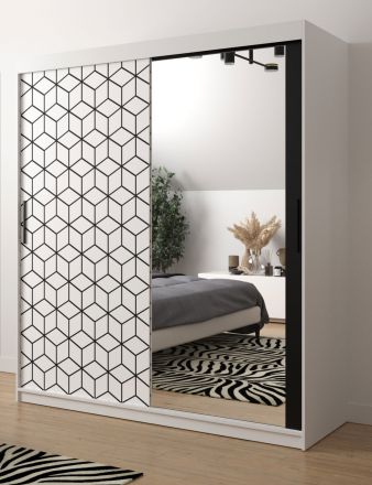 Kledingkast met stijlvol design Dom 94, kleur: mat wit / mat zwart - afmetingen: 200 x 180 x 62 cm (H x B x D), met één deur met spiegel