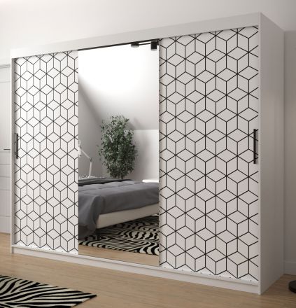 Kledingkast met modern design Dom 106, kleur: mat wit / mat zwart - afmetingen: 200 x 250 x 62 cm (H x B x D), met één deur met spiegel
