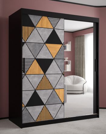 moderne kledingkast met één deur met spiegel Strahlhorn 15, kleur: mat zwart - afmetingen: 200 x 150 x 62 cm (H x B x D), met vijf vakken en twee kledingstangen