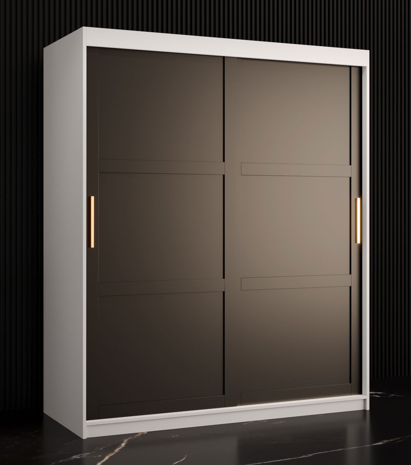 moderne kledingkast met twee deuren Liskamm 10, kleur: mat wit / mat zwart - afmetingen: 200 x 150 x 62 cm (H x B x D), met vijf vakken en twee kledingstangen