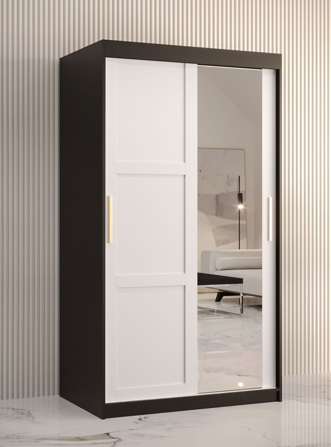 kledingkast met één deur met spiegel Liskamm 27, kleur: mat zwart / mat wit - afmetingen: 200 x 100 x 62 cm (H x B x D), met twee deuren