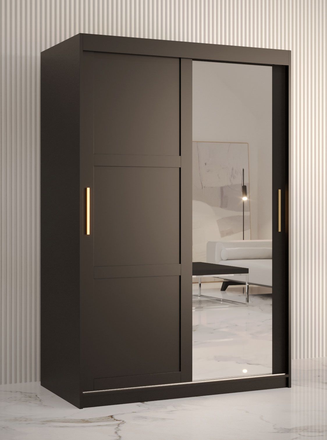 Stijlvolle kledingkast met één deur met spiegel Liskamm 32, kleur: mat zwart - afmetingen: 200 x 120 x 62 cm (H x B x D), met vijf vakken