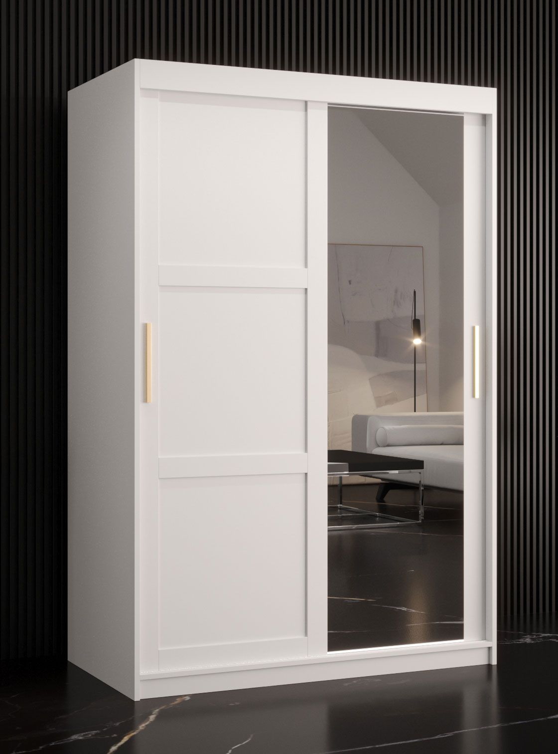 elegante kledingkast met één deur met spiegel Liskamm 29, kleur: mat wit - afmetingen: 200 x 120 x 62 cm (H x B x D), met vijf vakken