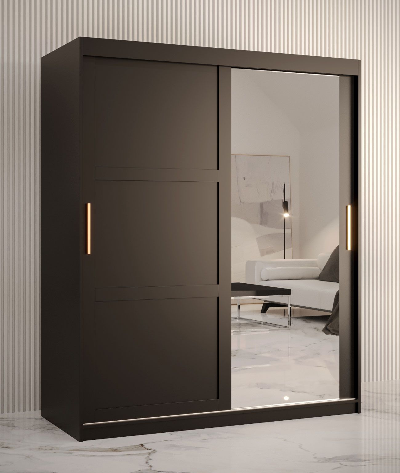 elegante kledingkast met deur met spiegel Liskamm 36, kleur: mat zwart - afmetingen: 200 x 150 x 62 cm (H x B x D), met vijf vakken en twee kledingstangen